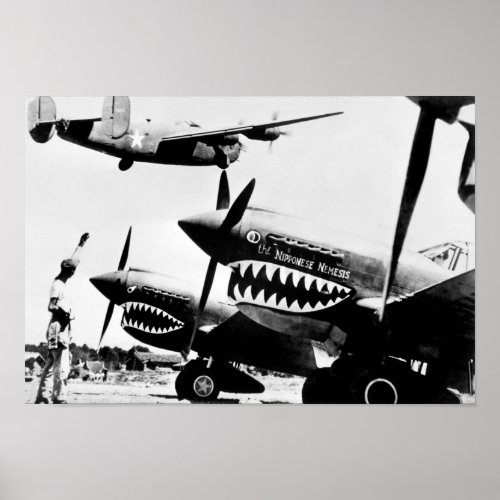 B_24 Liberator Flying Past P_40 Fighter Planes Poster