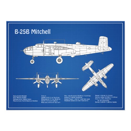 B_25B Mitchell Doolittle _ Airplane Blueprint ABD Photo Print