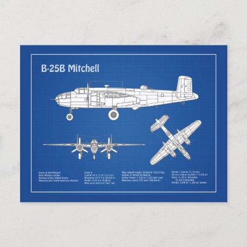 B_25B Mitchell Doolittle _ Airplane Blueprint ABD Postcard