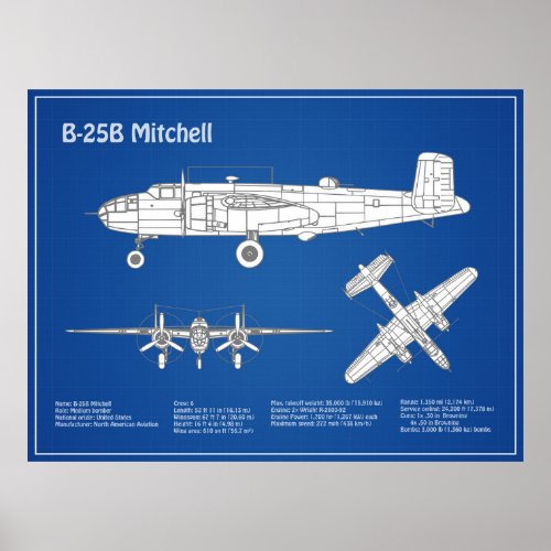 B_25B Mitchell Doolittle _ Airplane Blueprint ABD Poster