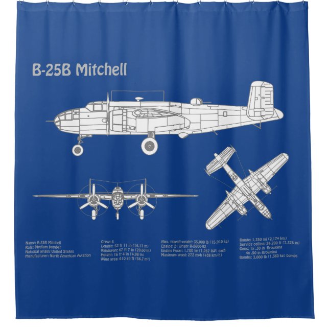B-25B Mitchell Doolittle - Airplane Blueprint ABD Shower Curtain (Front)