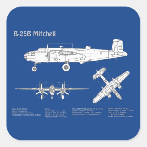 B_25B Mitchell Doolittle _ Airplane Blueprint ABD Square Sticker
