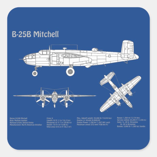 B-25B Mitchell Doolittle - Airplane Blueprint ABD Square Sticker (Front)