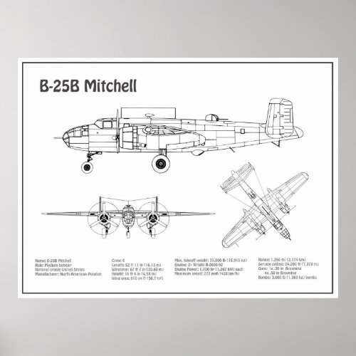 B_25B Mitchell Doolittle _ Airplane Blueprint BD Poster
