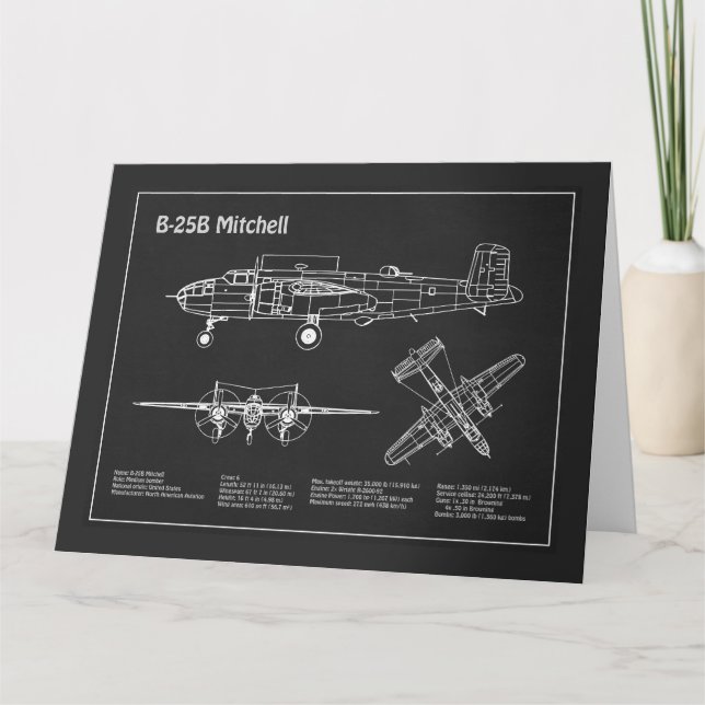 B-25B Mitchell Doolittle - Airplane Blueprint PD Letterpress Thank You Card (Front)