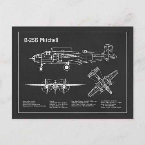 B_25B Mitchell Doolittle _ Airplane Blueprint PD Postcard