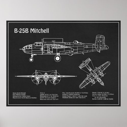 B_25B Mitchell Doolittle _ Airplane Blueprint PD Poster