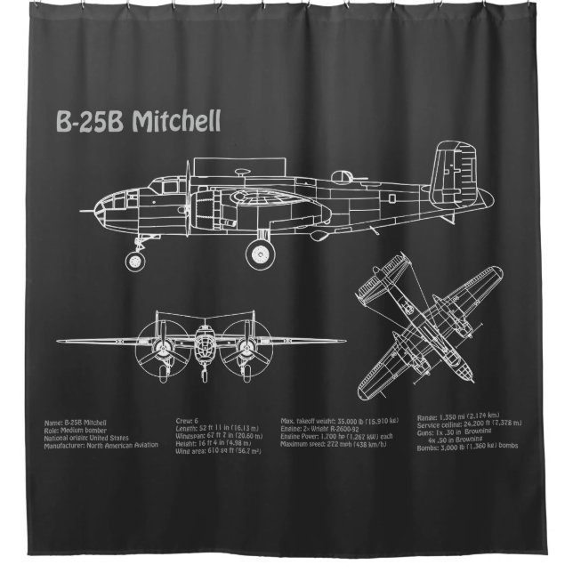 B-25B Mitchell Doolittle - Airplane Blueprint PD Shower Curtain (Front)