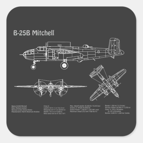 B_25B Mitchell Doolittle _ Airplane Blueprint PD Square Sticker