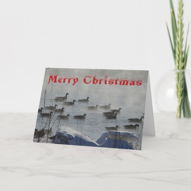 B 49 Canada Geese on Foggy River Christmas Card (Front)