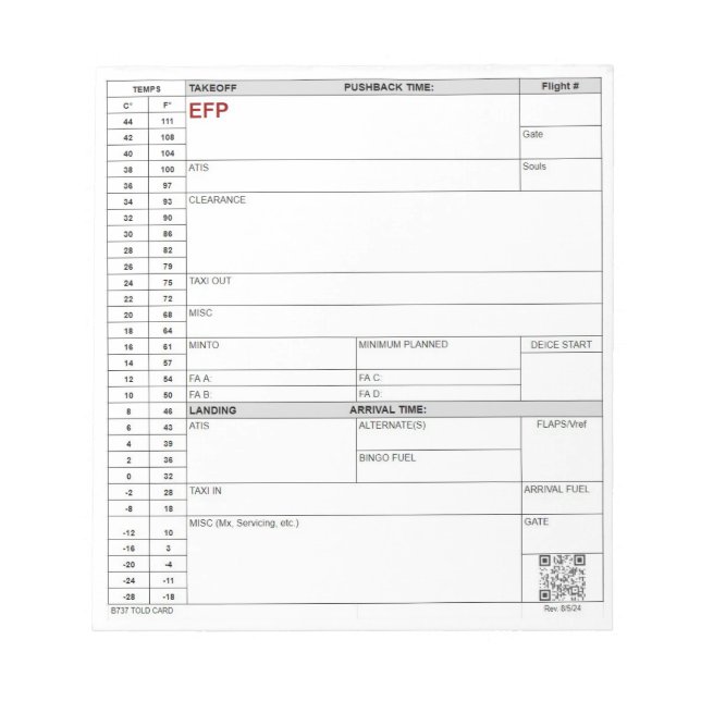 B-737 T.O.L.D.  NOTEPAD (Front)