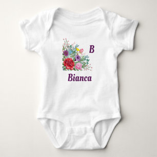 B Bianca Personalize Letter Name, Rose Flowers Baby Bodysuit