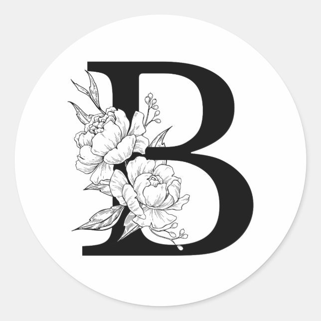 B botanical monogram. Letter initial with peonies Classic Round Sticker (Front)