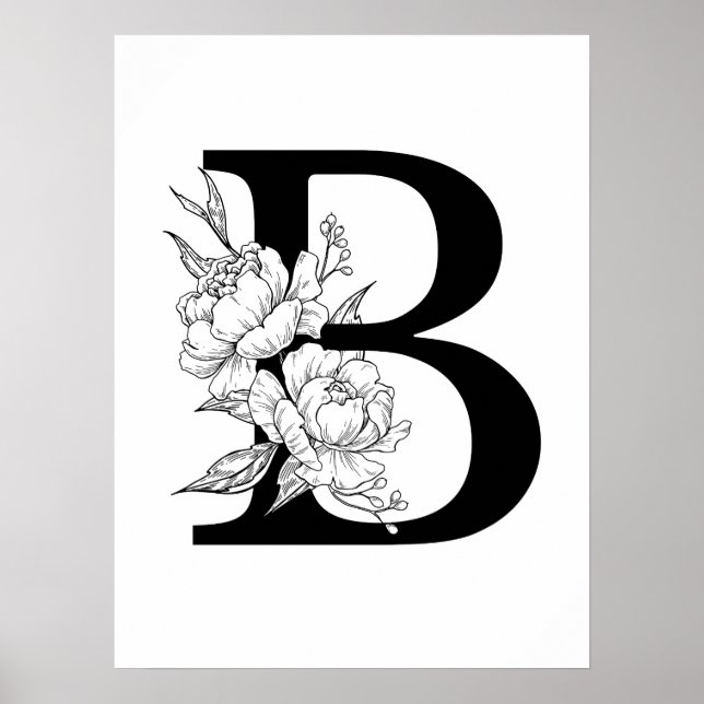 B botanical monogram. Letter initial with peonies Poster (Front)