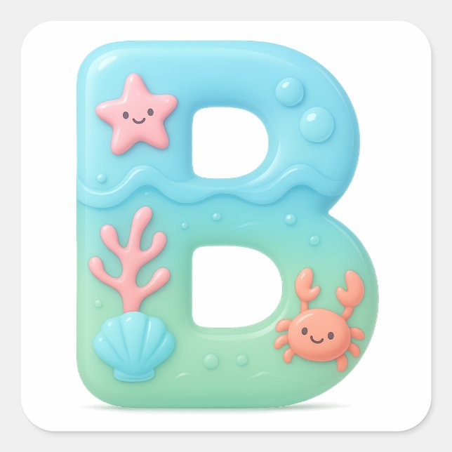 "B" Cute Bubble Letter - Underwater Sea Creature A Square Sticker (Front)