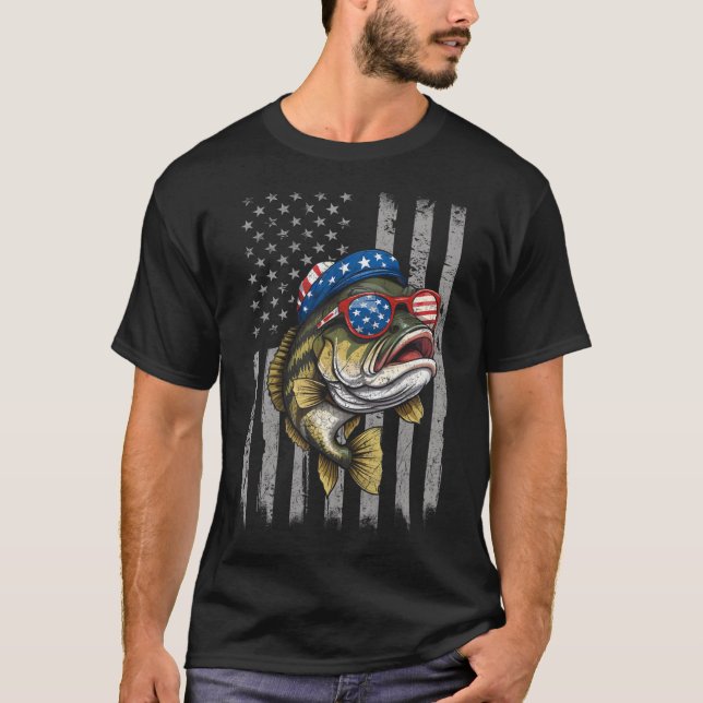 B Fish 4th Of July American Us Flag Patriotic Fish T-Shirt (Front)