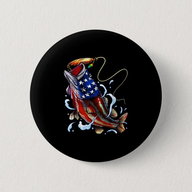 B Fishing Fish American Flag Dad Father Fourth Of  Button (Front)