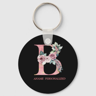 B Floral Monogram Name Letters Pink Agate Keychain