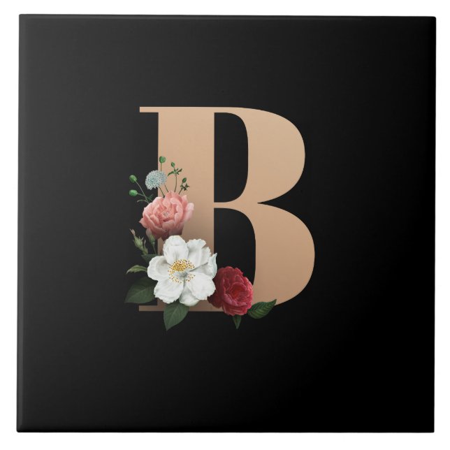 B Flowered Monogram Ceramic Tile (Front)