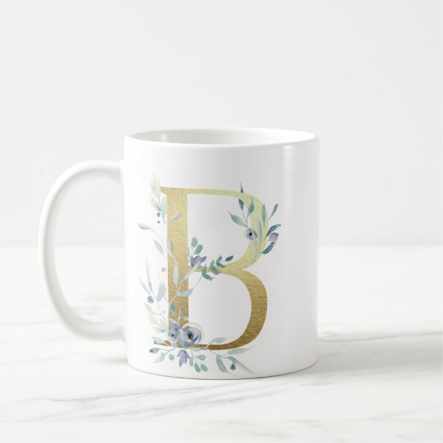 B  gold initial with blue floral foliage coffee mug (Left)