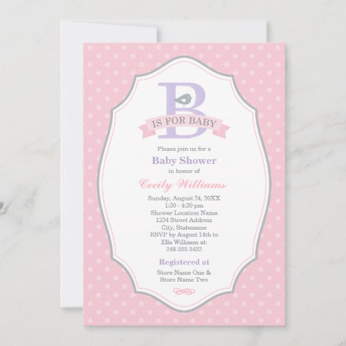 B is for Baby Pink Baby Girl Baby Shower Invitation