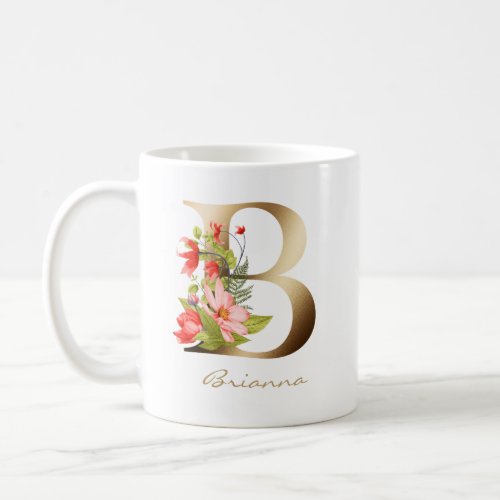 B Letter  Floral Gold Monogram Coffee Mug