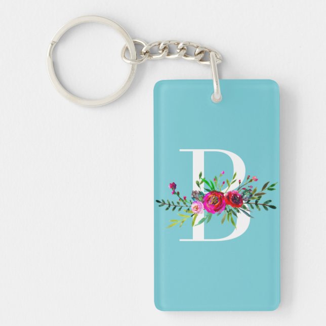 B Letter Initial Monogram Floral Custom Color Keychain (Front)