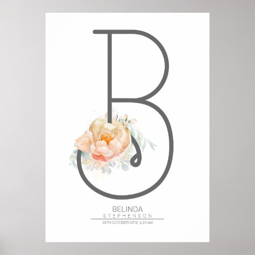 B Letter Monogram Blush Peach Floral Home Decor