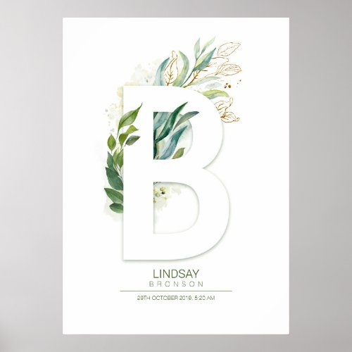 B Letter Monogram Gold Greenery Foliage Chic Poster