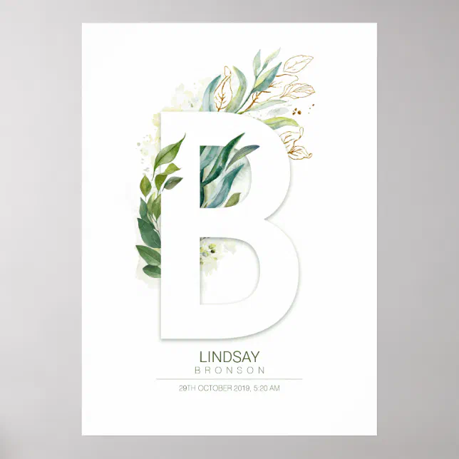 B Letter Monogram Gold Greenery Foliage Chic Poster | Zazzle