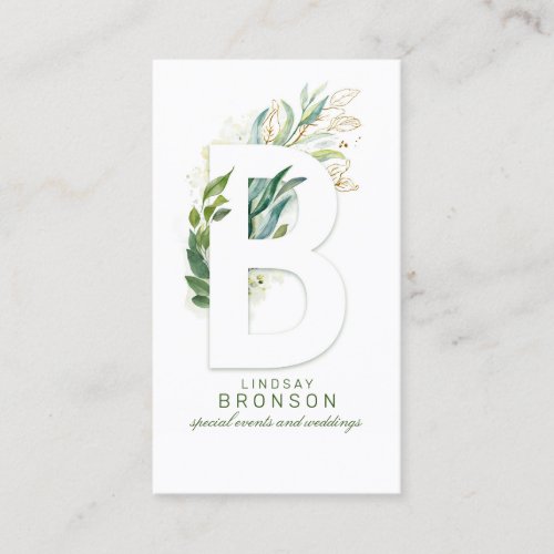 B Letter Monogram Gold Greenery Leaves Elegant Business Card
