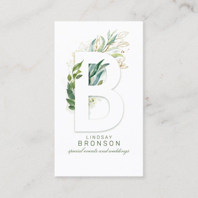 B Letter Monogram Gold Greenery Leaves Elegant Business Card (Front)
