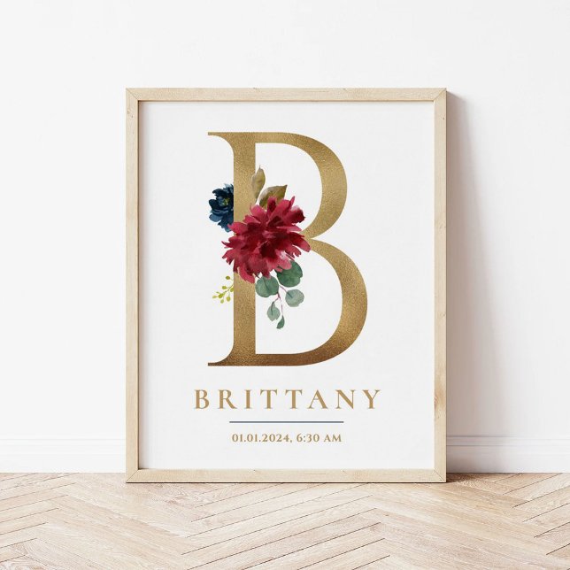 B Letter Monogram Name Marsala Floral Nursery Poster (Creator Uploaded)