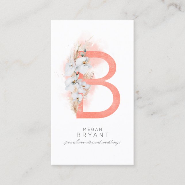 B Letter Monogram White Orchids and Pampas Grass Business Card (Front)