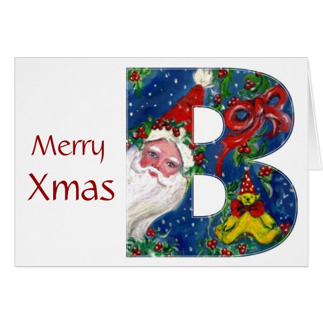 B LETTER / SANTA CLAUS WITH RED RIBBON MONOGRAM CARDS (Front Horizontal)