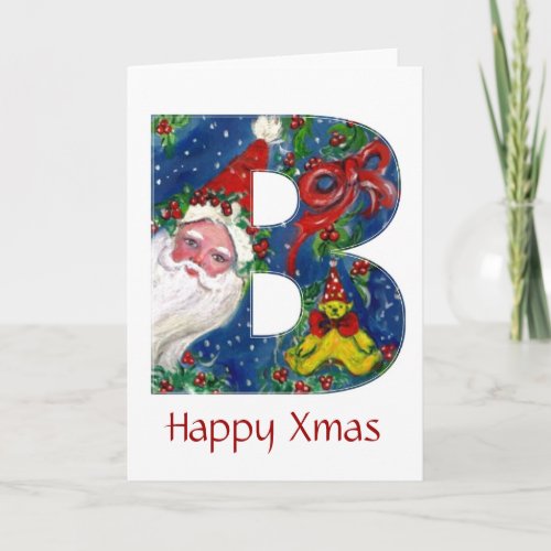 B LETTER  SANTA CLAUS WITH RED RIBBON MONOGRAM HOLIDAY CARD