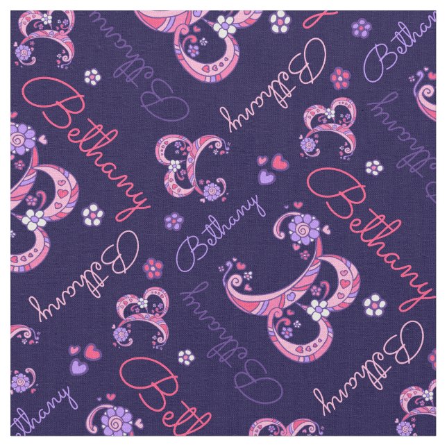 B monogram and personalized name Bethany fabric (Close Up)