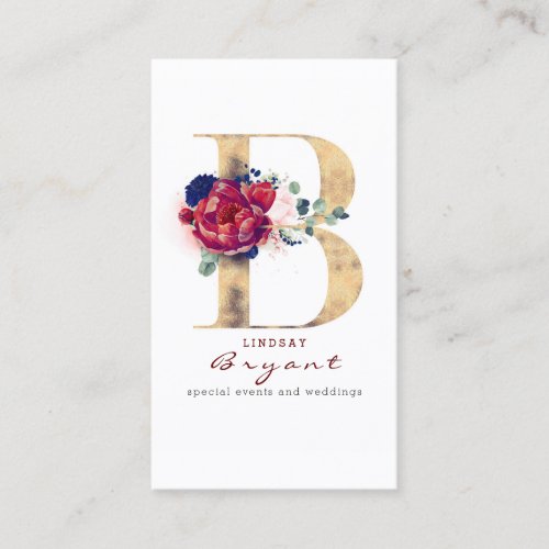 B Monogram Burgundy Gold and Navy Blue Floral Business Card