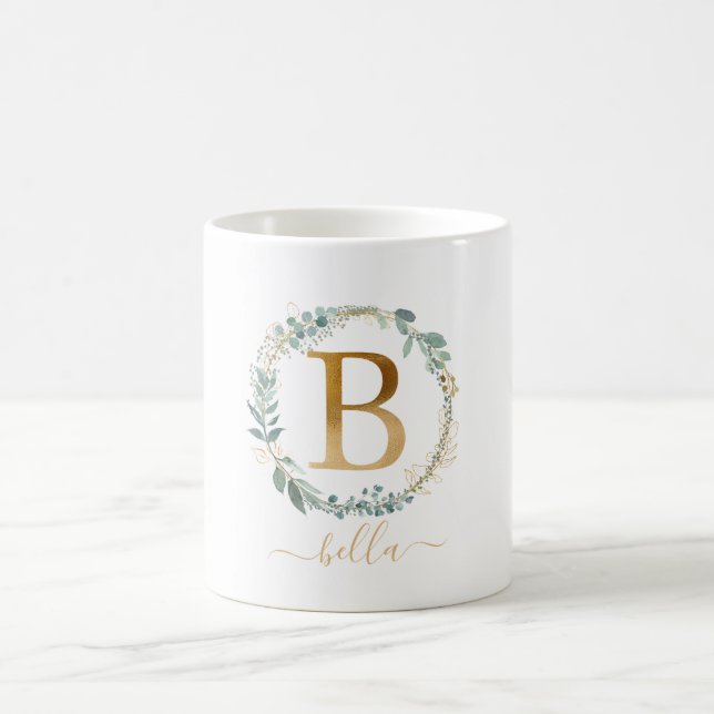 B  monogram, customer specific leafy wreath  coffee mug (Center)