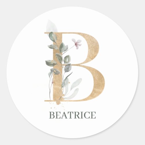 B Monogram Floral Personalized Classic Round Stick Classic Round Sticker