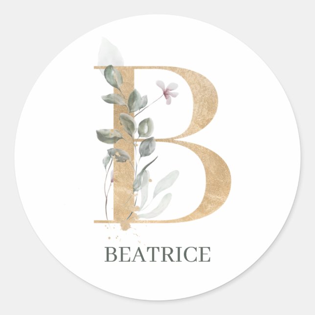 B Monogram Floral Personalized Classic Round Stick Sticker (Front)