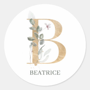 B Monogram Floral Personalized Classic Round Stick Sticker