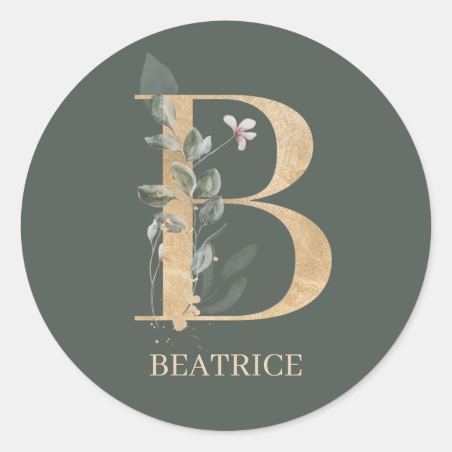 B Monogram Floral Personalized Classic Round Sticker (Front)