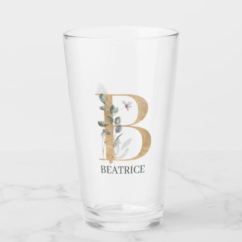 B Monogram Floral Personalized Glass