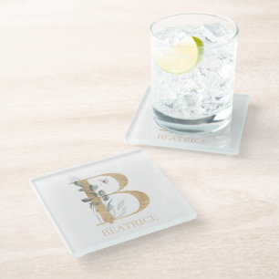 B Monogram Floral Personalized Glass Coaster