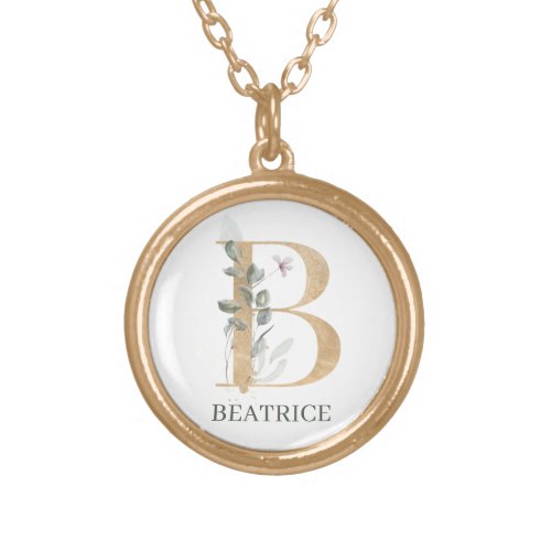 B Monogram Floral Personalized Gold Plated Necklace