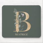 B Monogram Floral Personalized Mouse Pad<br><div class="desc">Letter B monogram floral. Letter B in golden brown texture accented with green watercolor compound leaves and berries and gold dust. Personalized with name in matching font.</div>