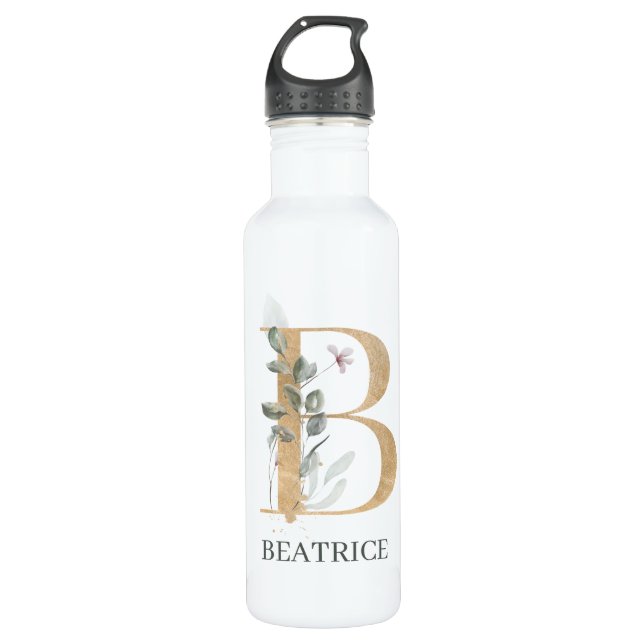 B Monogram Floral Personalized Stainless Steel Water Bottle (Front)