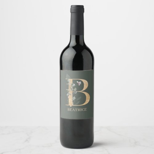 B Monogram Floral Personalized Wine Label