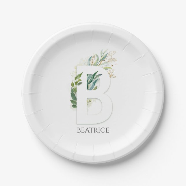 B Monogram Gold Greenery Leaves Elegant Name Paper Plates (Front)